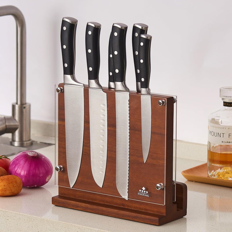 ENOKING Magnetic Knife Block with Acrylic Shield, Double Side Kitchen Knife Holder without Knives- Acacia Wood Universal Knife Storage Organizer with Powerful Magnet for Kitchen Counter - Image 3
